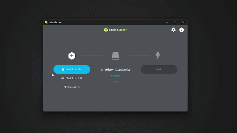 balenaEtcher: Flash from file → Target → Flash!