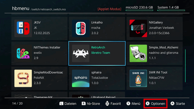 RetroArch in Sphaira auswählen und X Optionen drücken