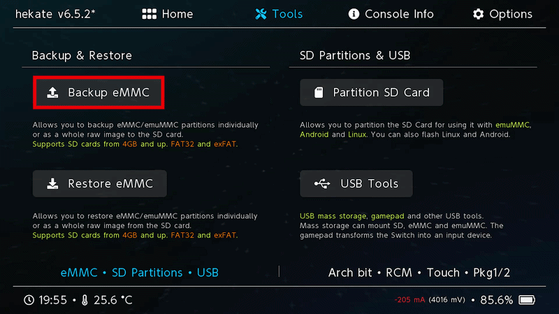 Hekate – SysNAND Backup BOOT0/1 und RAW GPP (Platzhalter)
