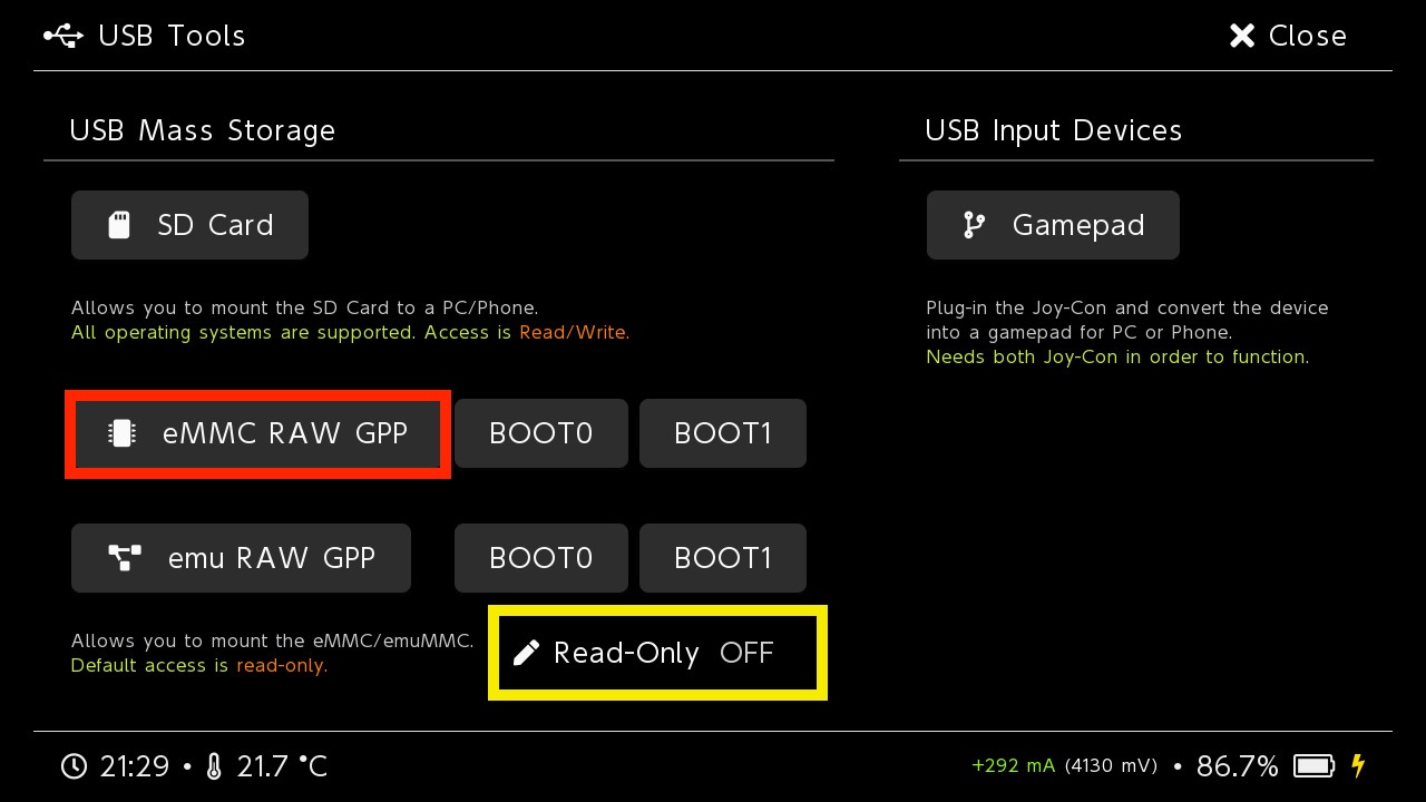 Hekate – Read only OFF, Emu RAW GPP (Platzhalter)